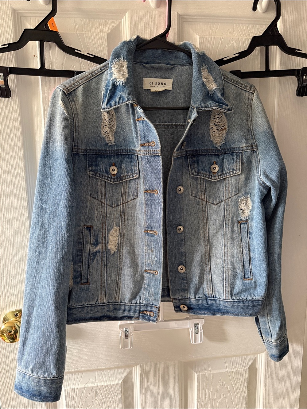 Ci Sono Light Blue Distressed Denim Jacket for Women